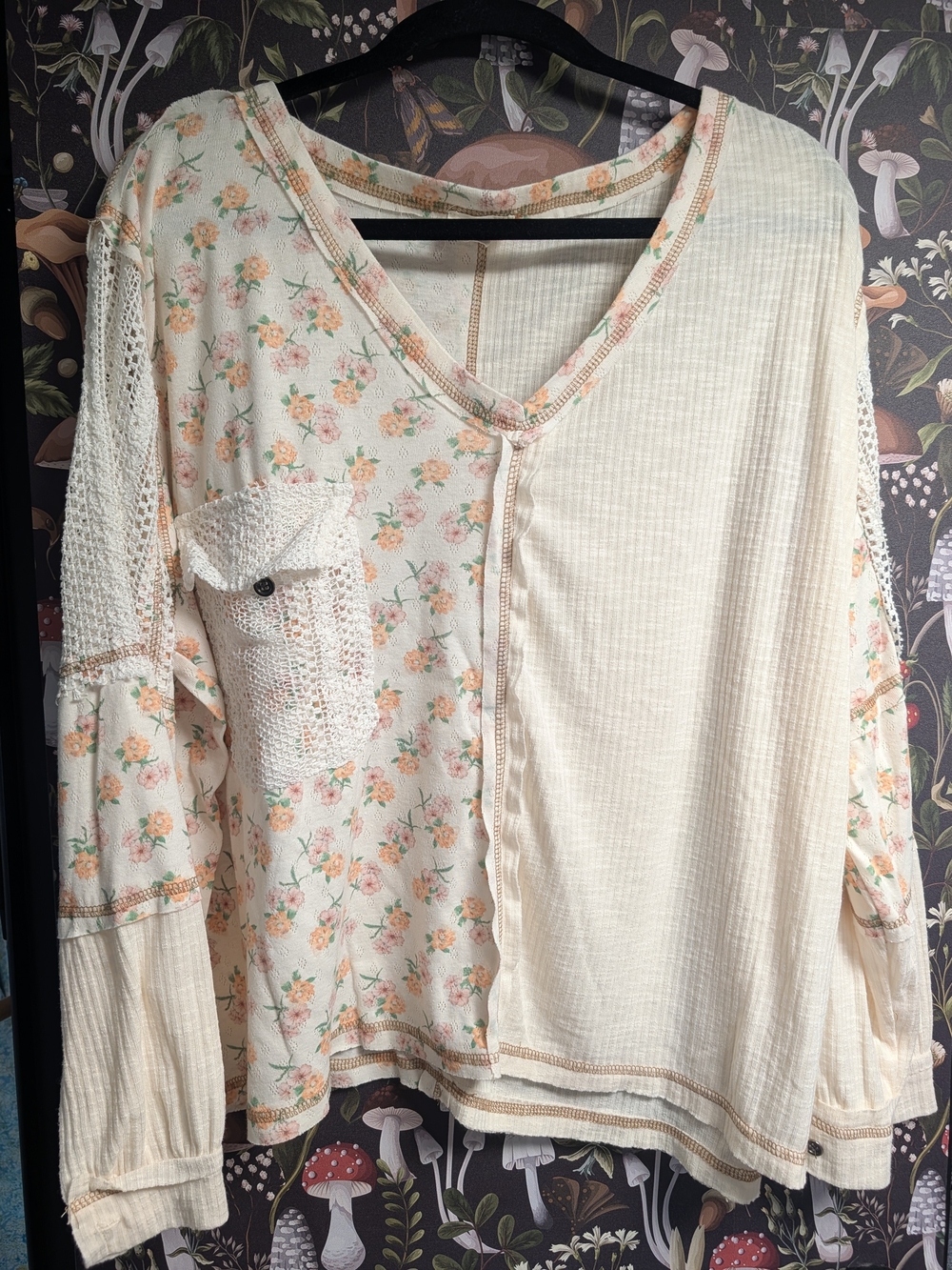 OPOL Cream Floral Mixed-Panel V-Neck Oversized Shirt